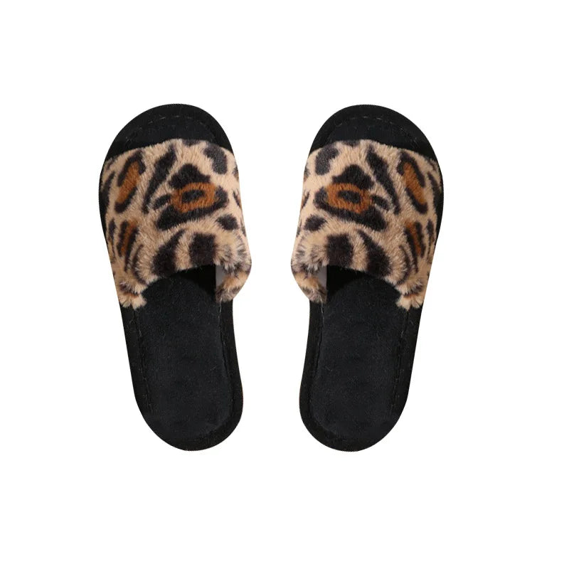 Autumn Winter Leopard Print Slippers Women Fashion Plush Fur Slides Home Flip Flops Indoor Warm EVA Anti Slip Living Room Shoes