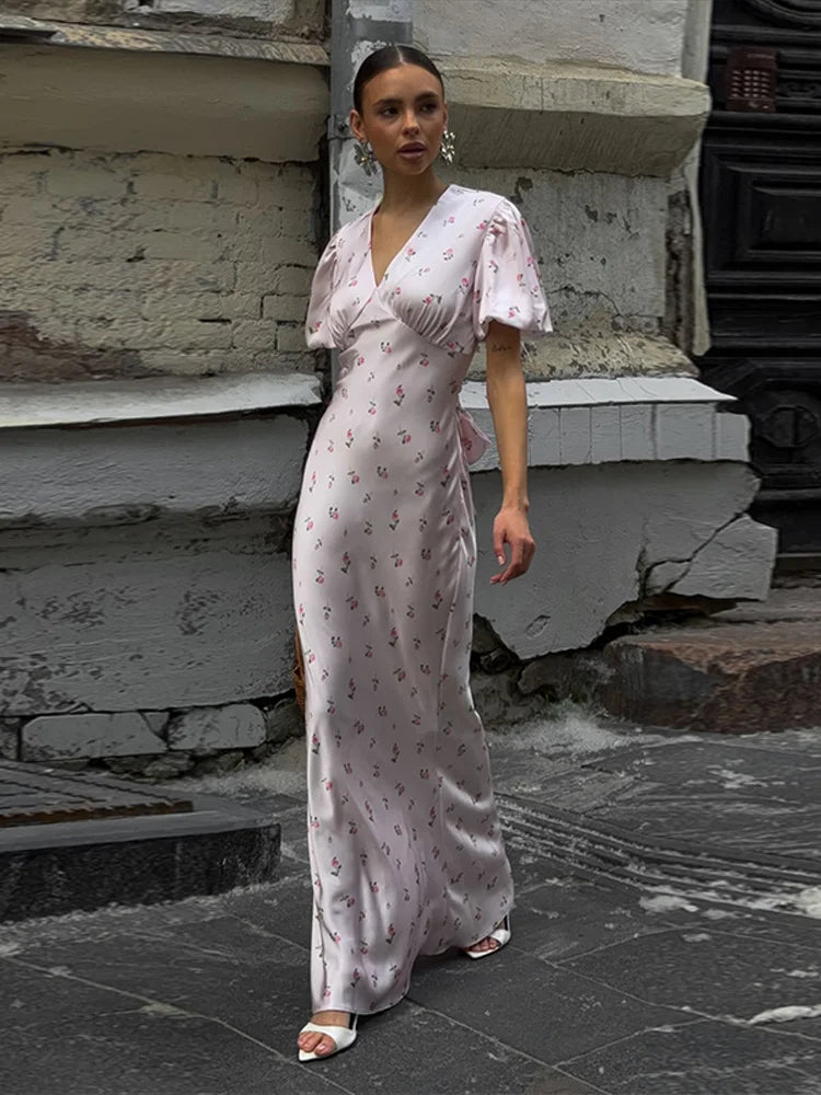 Elegant Print Women Long Dress Fashion V-neck Pleated Flutter Short Sleeve Empire Female Dresses 2026 Summer Chic Female Robe