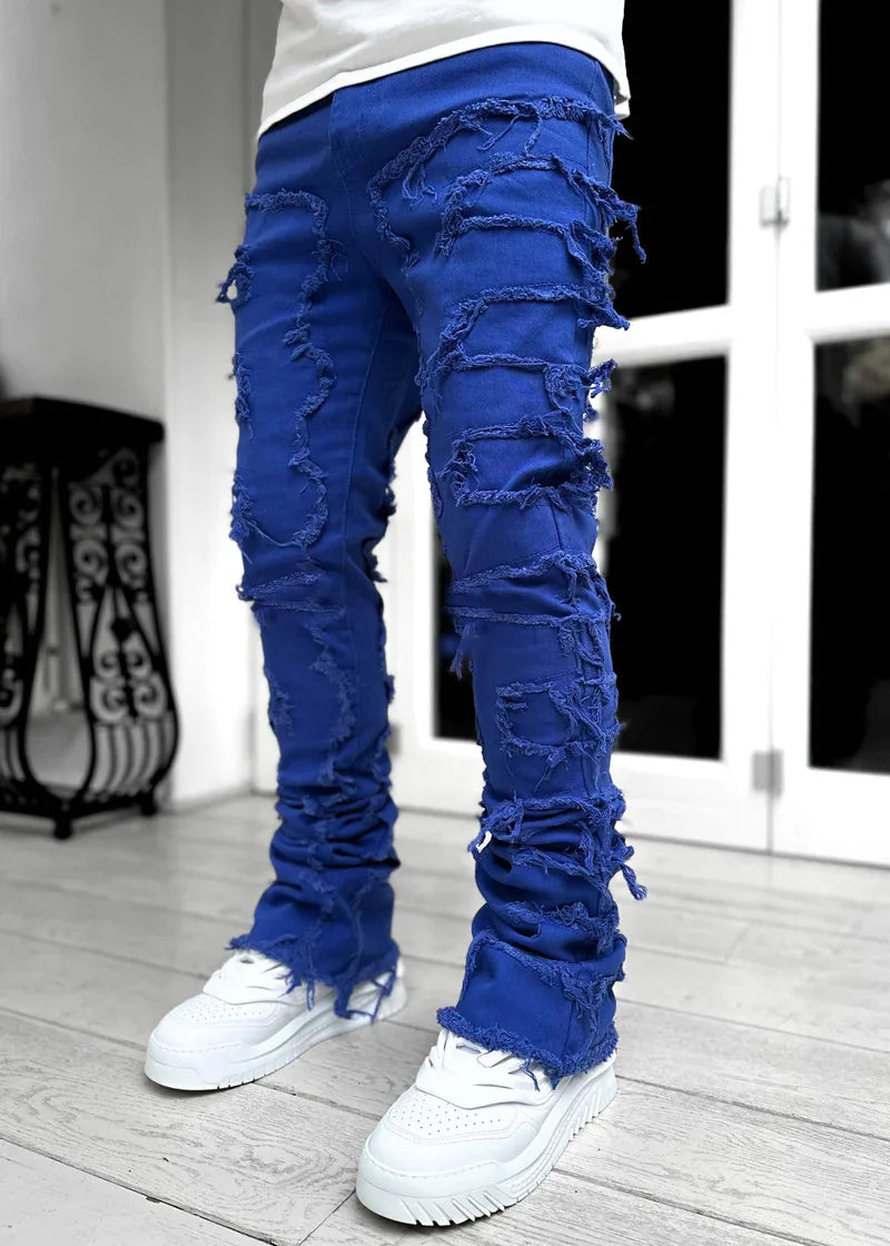 2026 New Men's Denim Straight-Leg Pants, European and American Street Fashion Ins Stretch Patch Denim Straight-Leg Pants