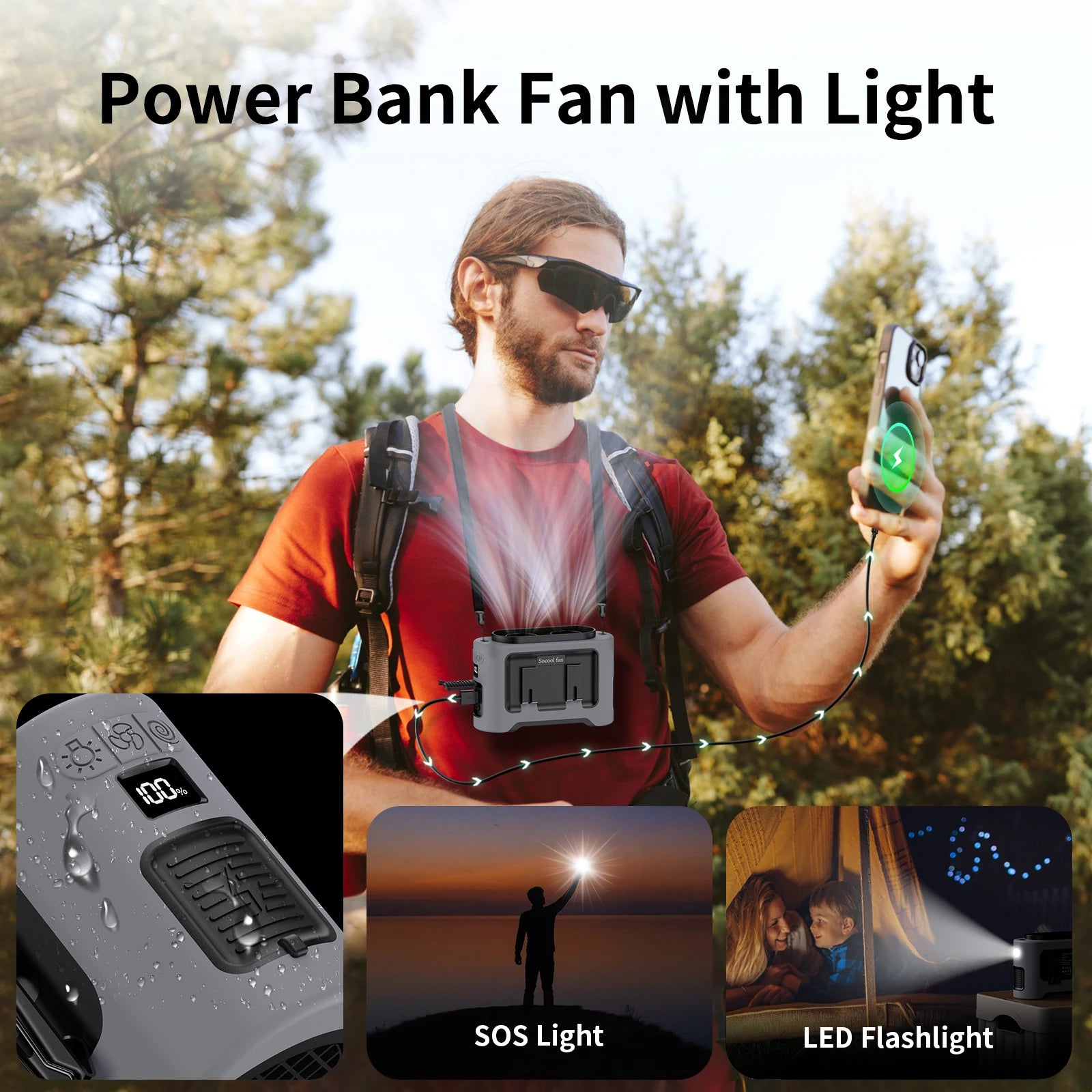 Socool 14500mAh Portable Waist Fan Dual Airflow Outlet Turbo Motors with Four Clips Emergency Flashlight Power Bank for Outdoor