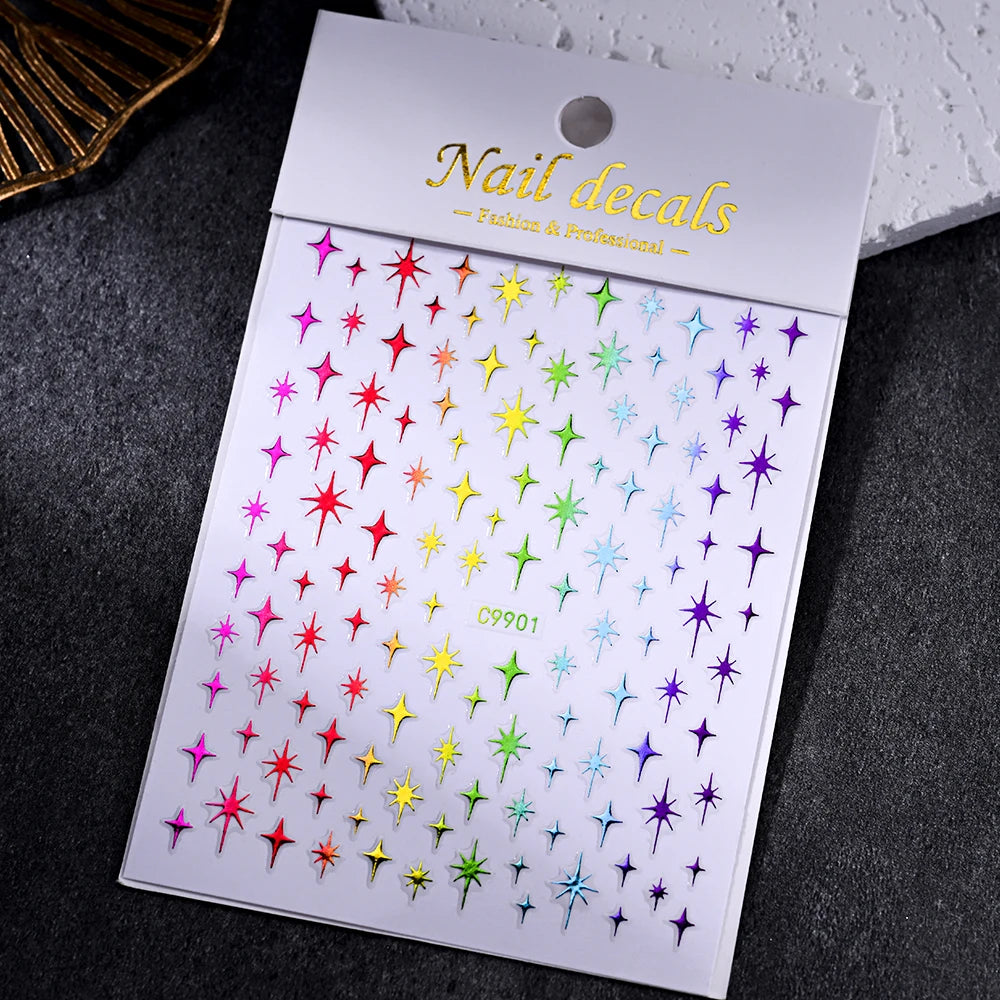 Luxury Diamond Gold Sliver 5D Bronzing Star Nail Sticker Shiny Laser Starlight Nail Decals 8*10cm Self-Adhesive Nail Decorations