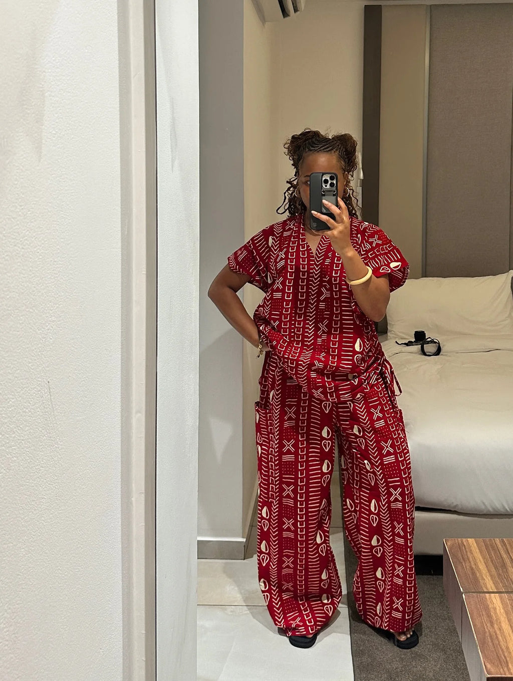 New Fashion Printed Two-piece Set Women's Loose Casual Short-sleeved Drawstring Waist Slimming V-neck Shirt Wide-leg Pants Sets