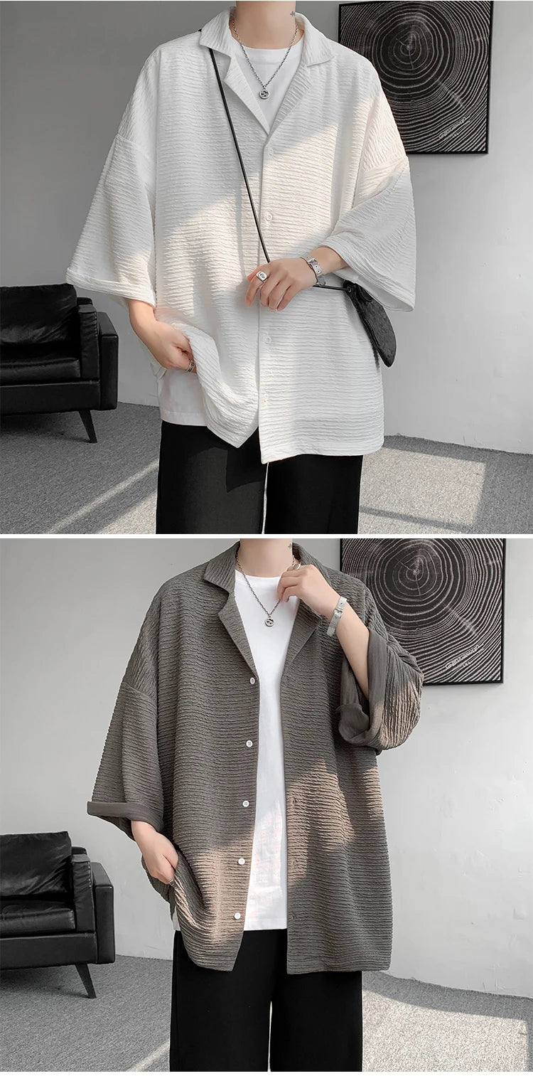 Ice Silk Shirt Men's High Quality Summer Fashion Brand ins 5-sleeve shirt loose casual masculina camisas hombre