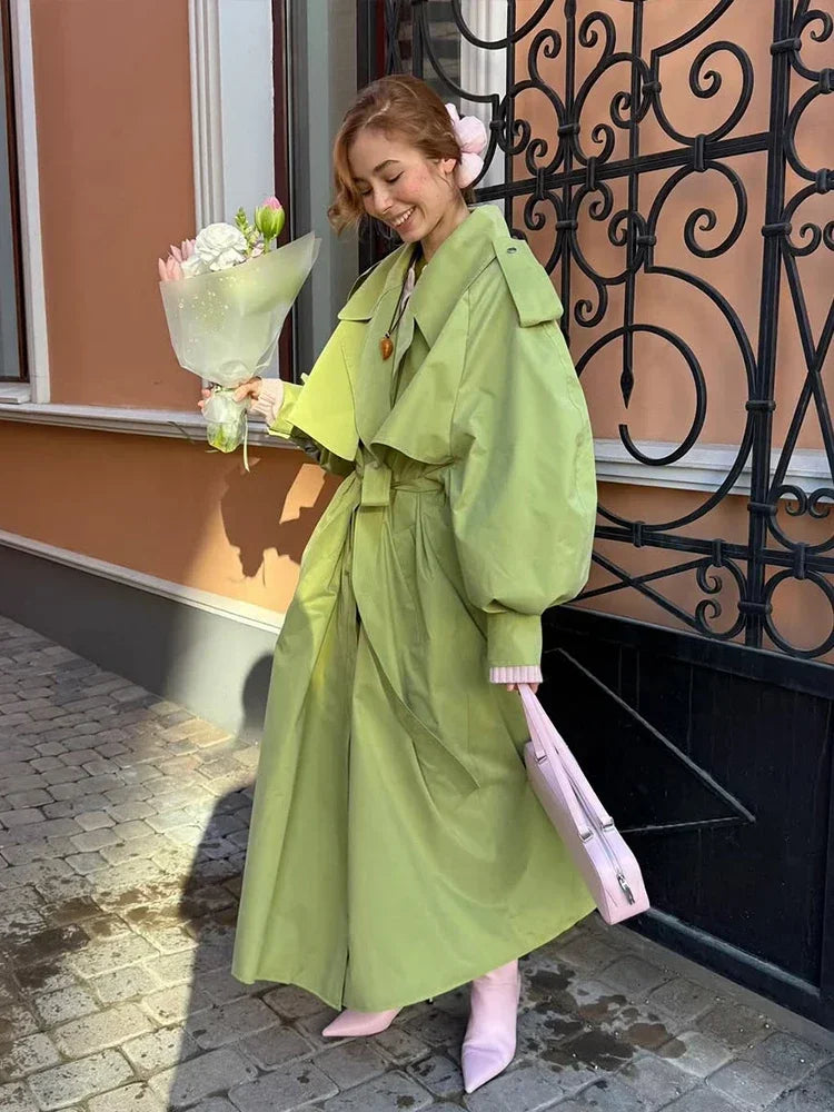 Women Green Oversized Belt Overcoat Elegant Long Sleeve Pleated Lapel Lace Up Windbreaker Autumn Lady Daily Street Outerwears