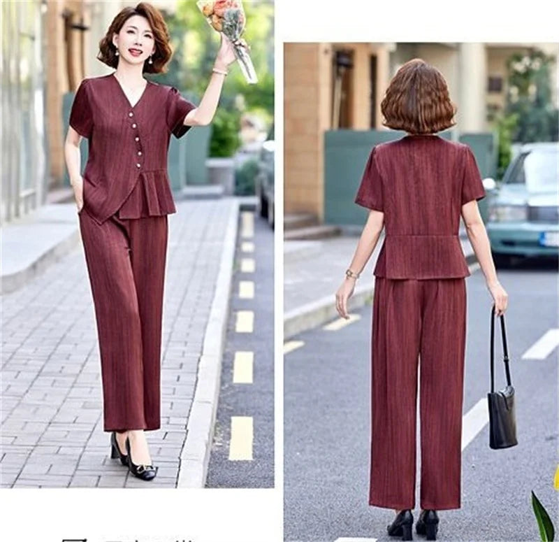 2025 Female Fashion Short Sleeve 2PCS French Women New Two-piece Set Summer Middle Aged Mother Solid Color Wide Leg Pants Outfit