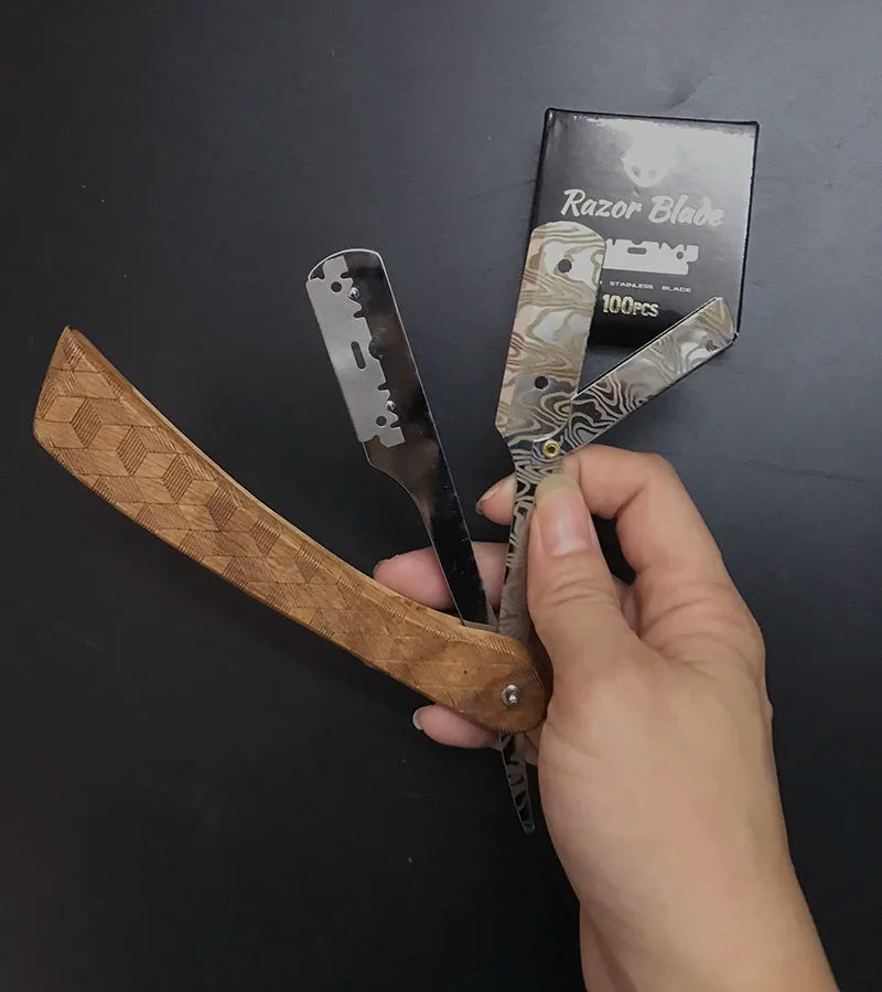 wooden trimmer manual shaver professional straight edge stainless steel sharp barber razor folding shaving blade shave beard cut