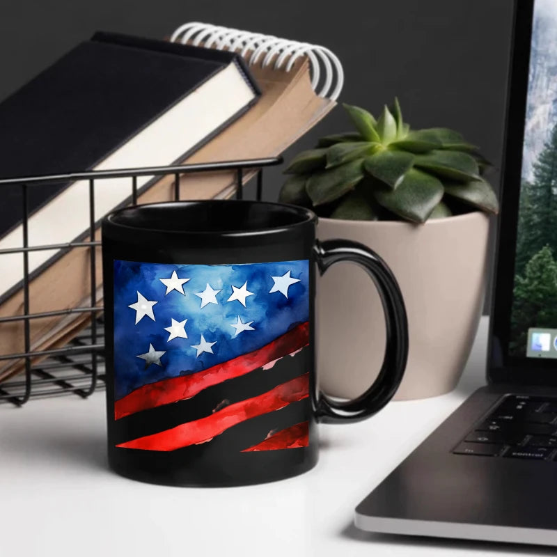 American flag coffee cup, black American flag design, suitable for patriotic activities and daily use