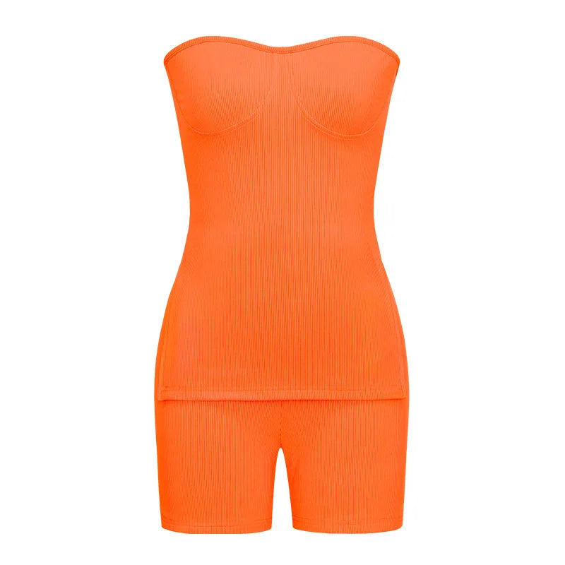 Sexy Solid Slim Suit For Women Fashion Strapless Side Split Top Elastic Waist Package Hip Shorts Two Piece Set 2026 Summer New