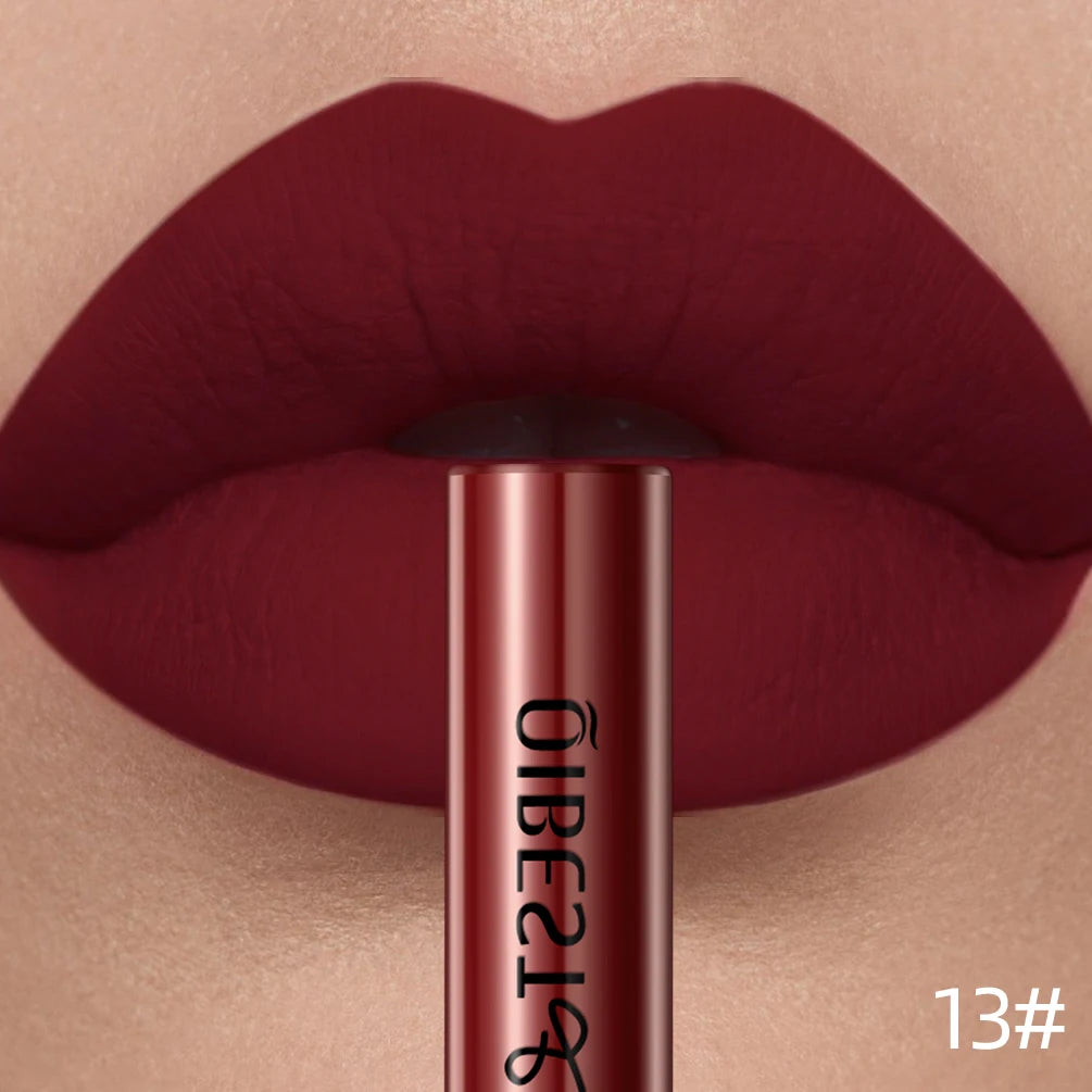 QIBEST Sexy Red Lip Gloss Long Lasting Velvet Matte Liquid Lipstick Waterproof Lip Makeup Nonstick Cup Purple Lip Tint Black