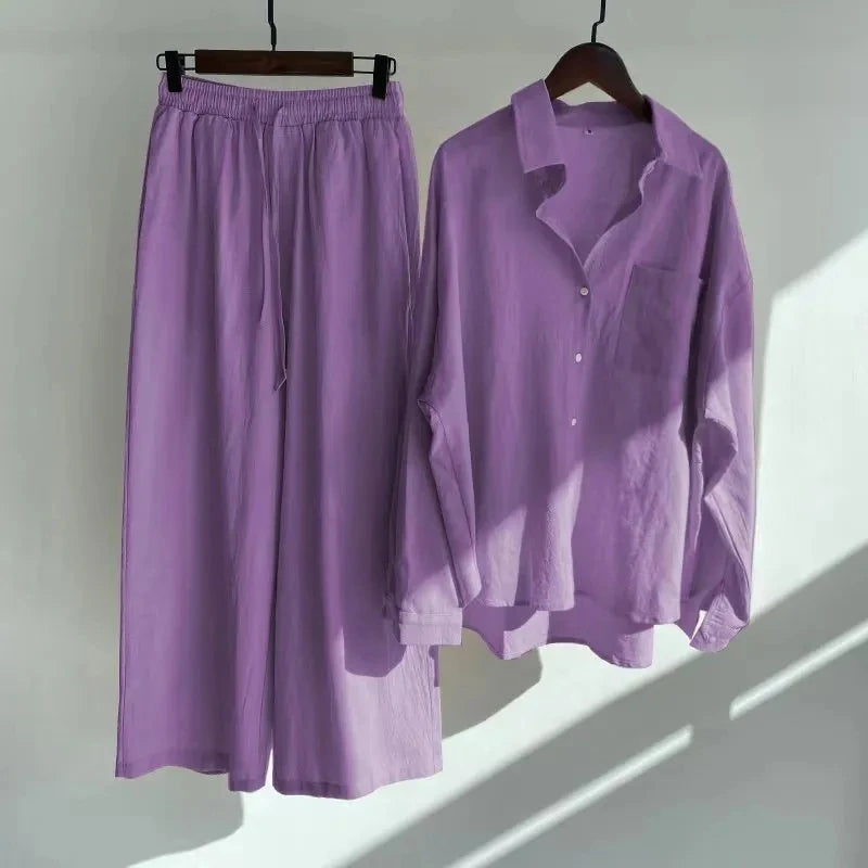 Women's 2-piece set 2026 Spring Autumn New Long sleeved Cotton linen Shirt top+High waisted loose Pants Comfortable Casual Sets
