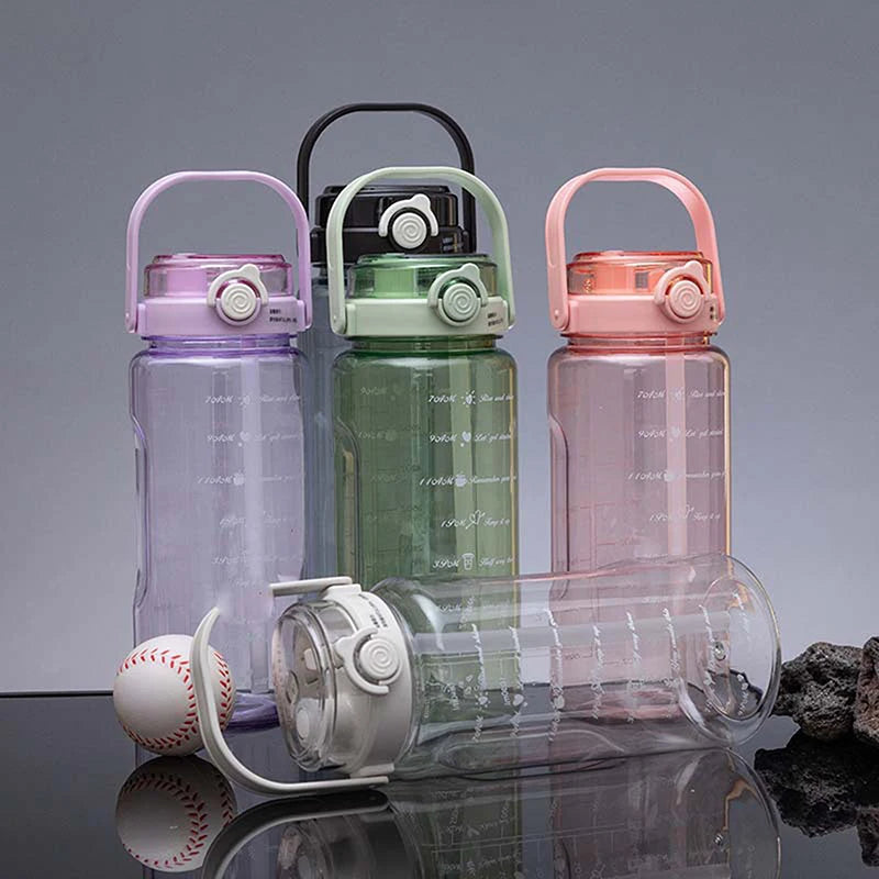 1.5/2Liter Sport Straw Water Bottle With Time Scale Plastic Summer Cold Juice Water Cup Large Capacity Portable Travel Bottles