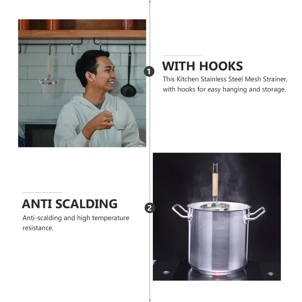 Durable Stainless Steel Noodle Funnel Wooden Handle Pasta Basket Strainer Multifunctional Fine Mesh Sieve Spoon Kitchen Gadgets