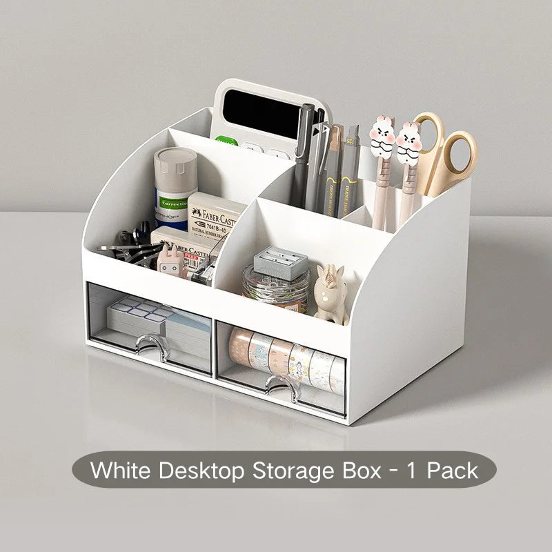 Desk Organizer with 2 Drawers, Multi-Compartment Plastic Desktop Storage Box for Stationery, Makeup & Office Supplies
