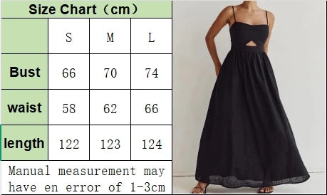 FSMG Fashion Black Breathable Sleeveless Backless Halter Dress Summer Sexy Spaghetti Strap Hollow Out Pockets Side Long Skirt