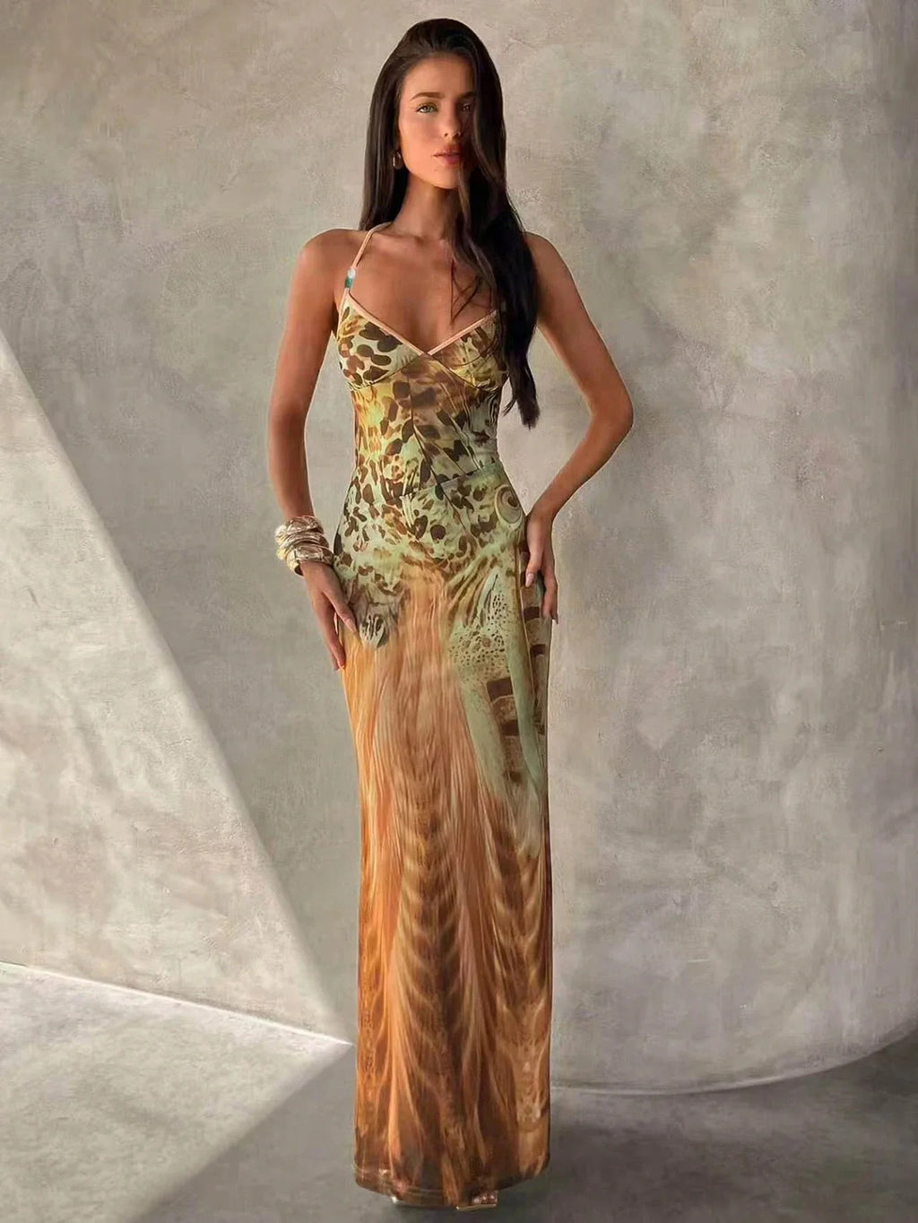 Women's Leopard Print Long Maxi Dress Halter Neck Plunge Front Tiered Ruffle Mermaid Skirt Elegant Party Cocktail Daily Gowns