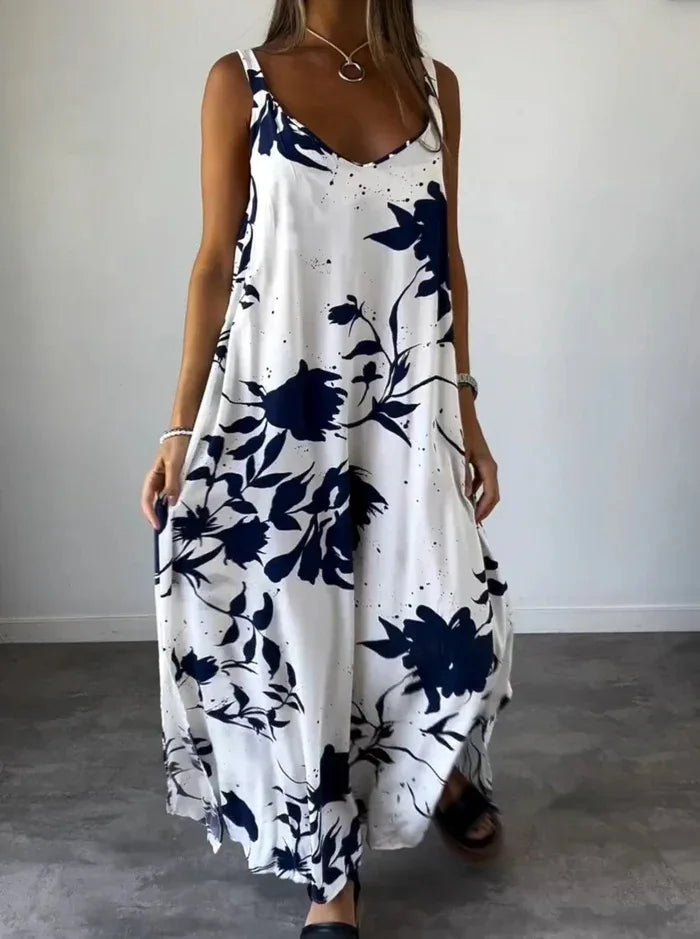 Vestidos Summer Women's Fashionable Printed Camisole Backless Casual Dress 2025 Sexy Women's V-neck Loose Beach Maxi Dresses