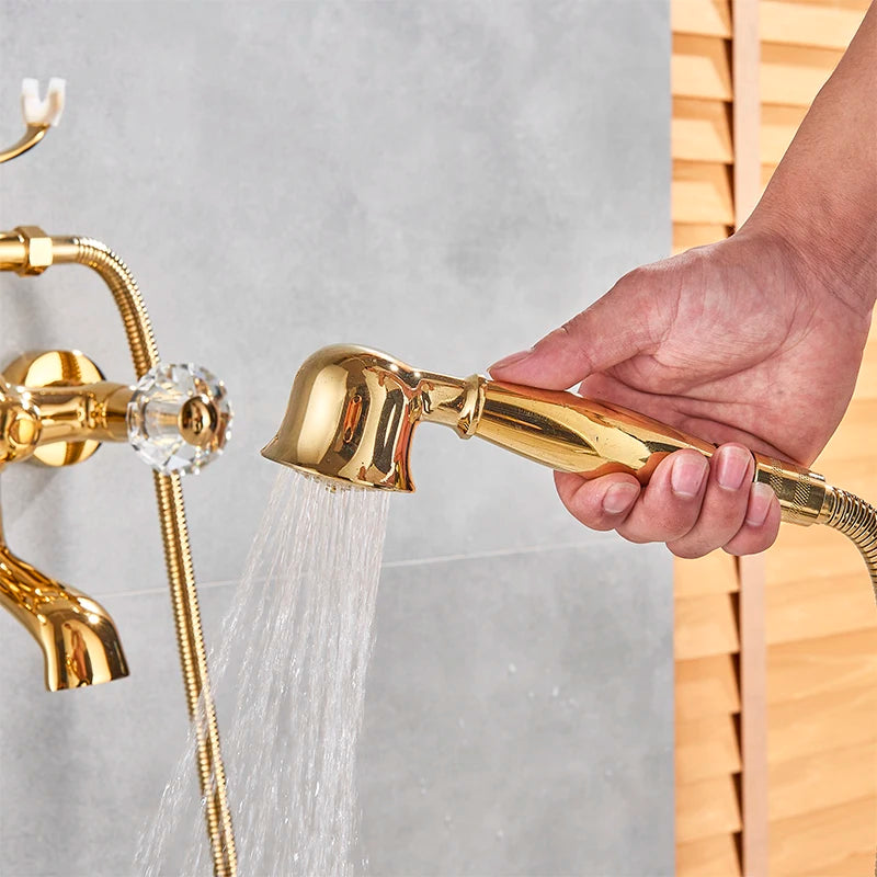 Telephone Style Golden Waterfall Bathtub Faucet Bathroom Brass Bath Faucets Waterfall Rotatb Spout Hot&Cold water Shower tap set