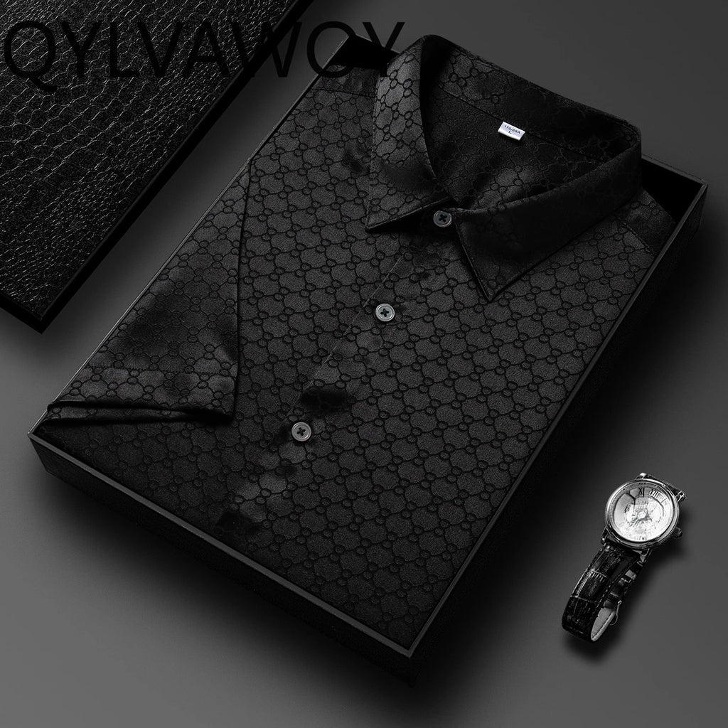 QYLVAWOY New Men's Shirts Summer Tops 92% Real Mulberry Silk Shirts Lapel Short Sleeve Stylish Clothes for Man Business Casual