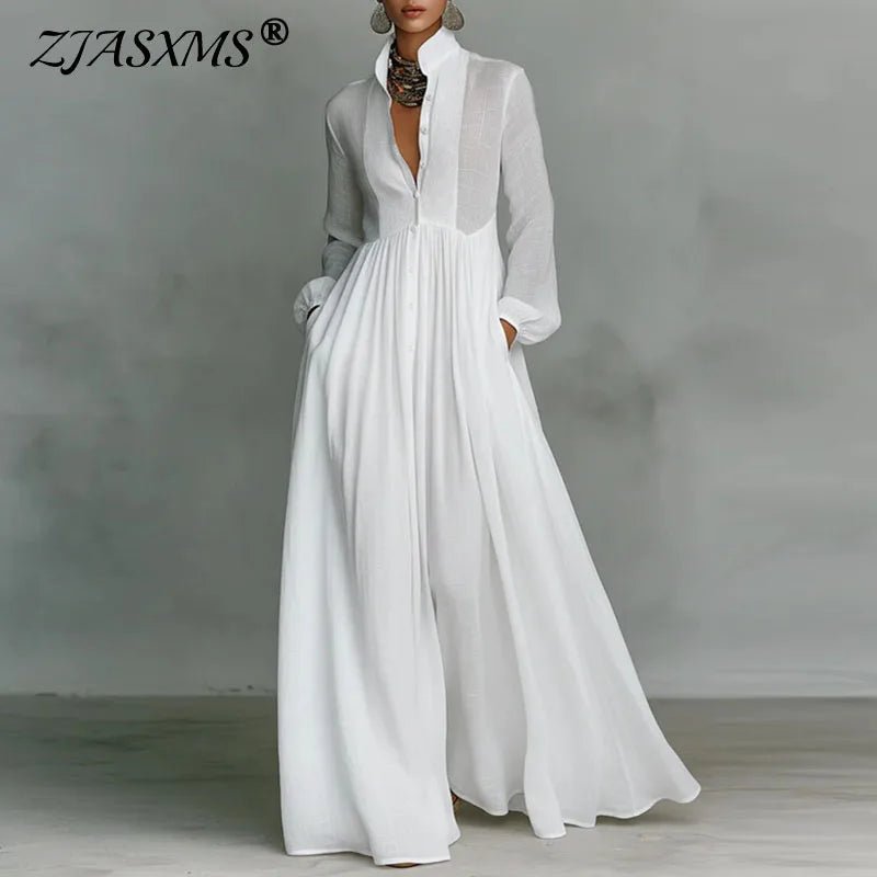 French Elegant High Waist Swing Long Dress Woman Spring Solid Pockets Pleated Maxi Dress Autumn Long Sleeve Button Evening Dress