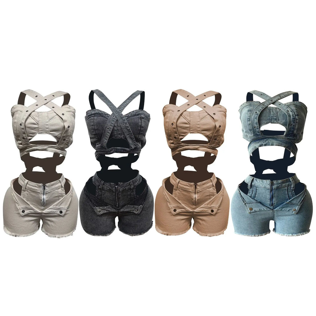 2 Piece Sets Women Denim Shorts Suit Sexy Vest Top Strap Backless Jeans Short Pants Pockets Outfits 2025 Streetwear Ensemble