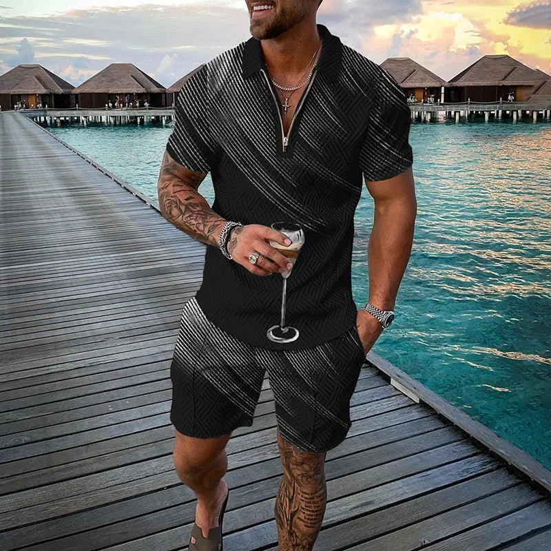 Men Zipper Polo Shirt Suit 2 Pcs Tracksuit Summer 3D Print Beach Boho Geometric Style Holiday Clothing Ensembles De Sport