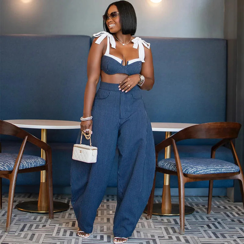 Pant Set Women Two Piece Sets Strapless Sleeveless Sexy Tops Wide Leg Long Pants High Waist Y2k Streetwear Elegant Slim Fit