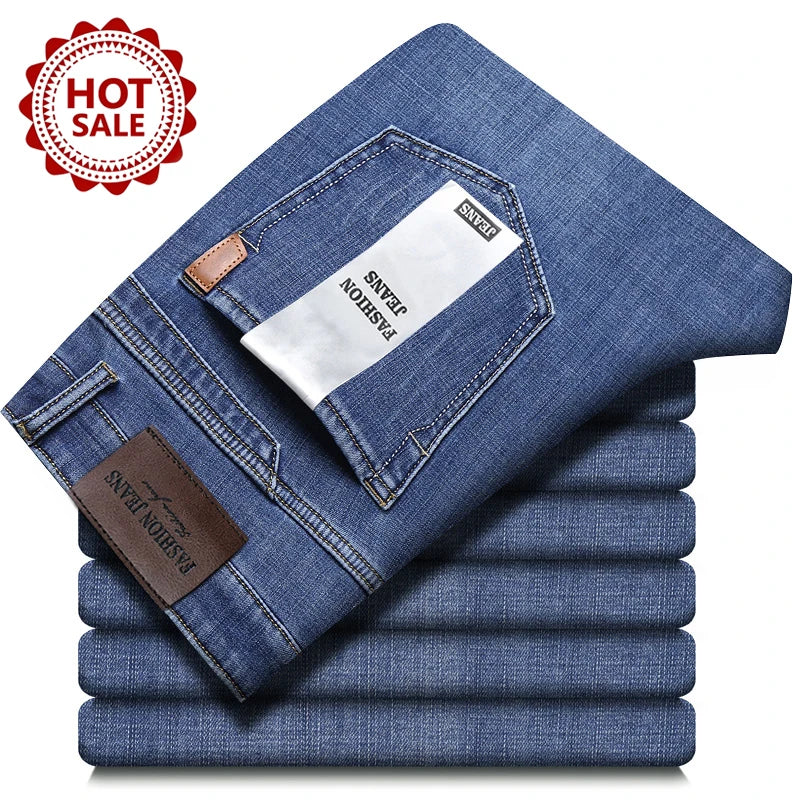 OUSSYU Brand Classic Retro Blue Men's Jeans Denim Pants Work Streetwear Straight Stretch Business Autumn Winter Cotton Trousers