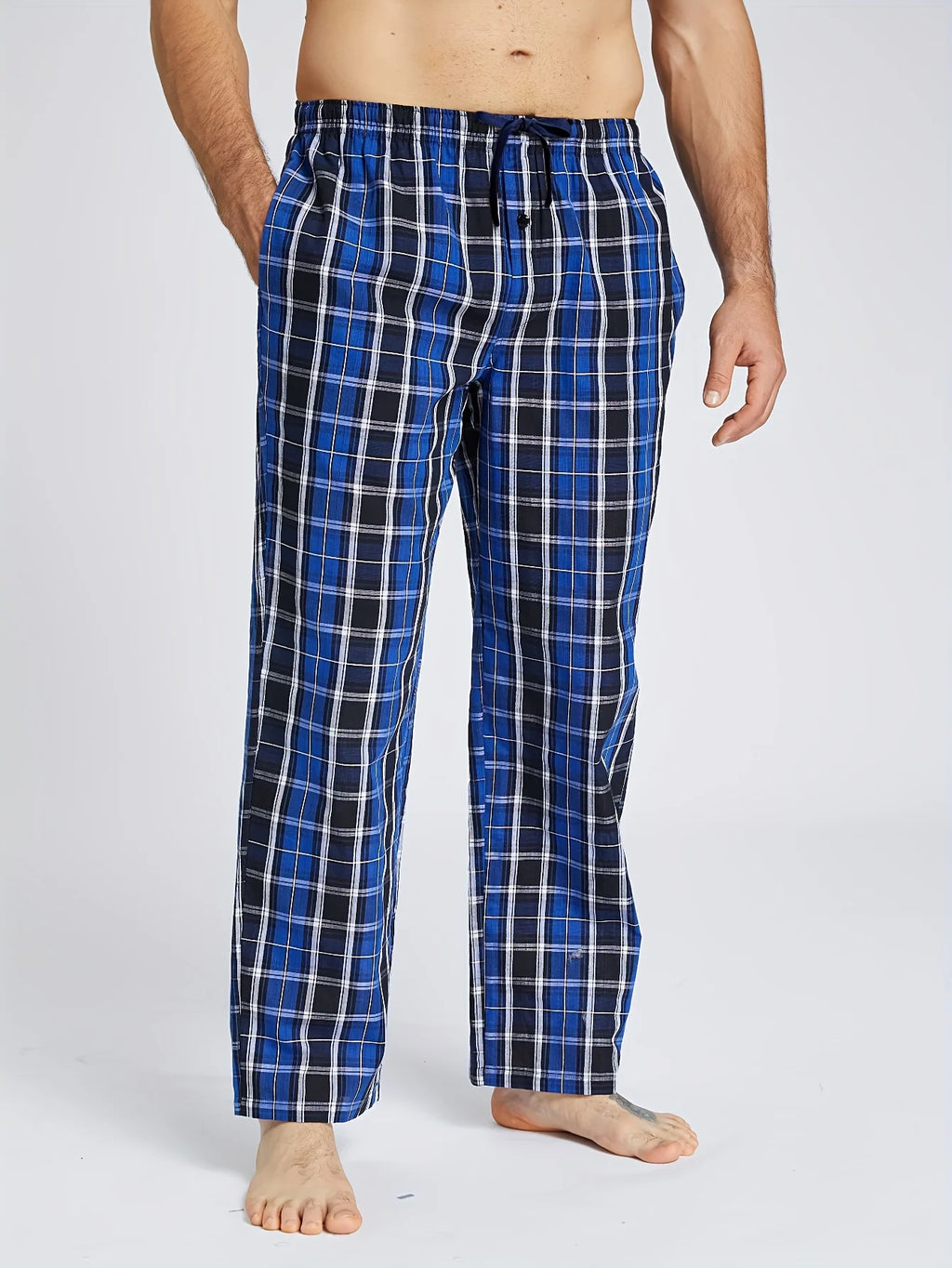 Men's Pajama Pants Autumn New Checked Cotton Thin Soft Comfortable Elastic Waistband with Pockets Home Lounge Pants