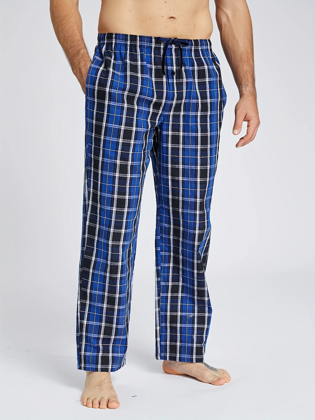 Men's Pajama Pants Autumn New Checked Cotton Thin Soft Comfortable Elastic Waistband with Pockets Home Lounge Pants