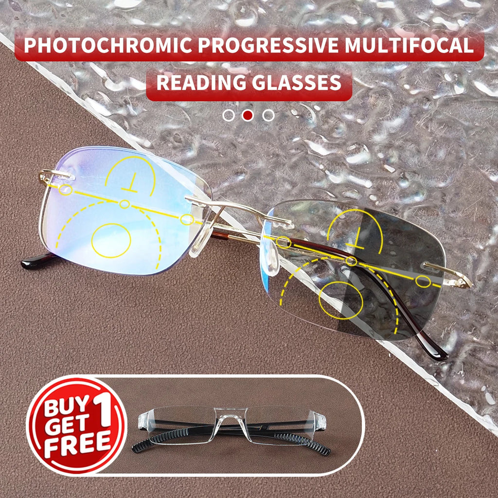 Photochromic, Progressive Multifocal Reading Glasses, Stylish Frameless Design, Includes 1 Piece of Integrated Reading Glasses as a Gift, Unisex.