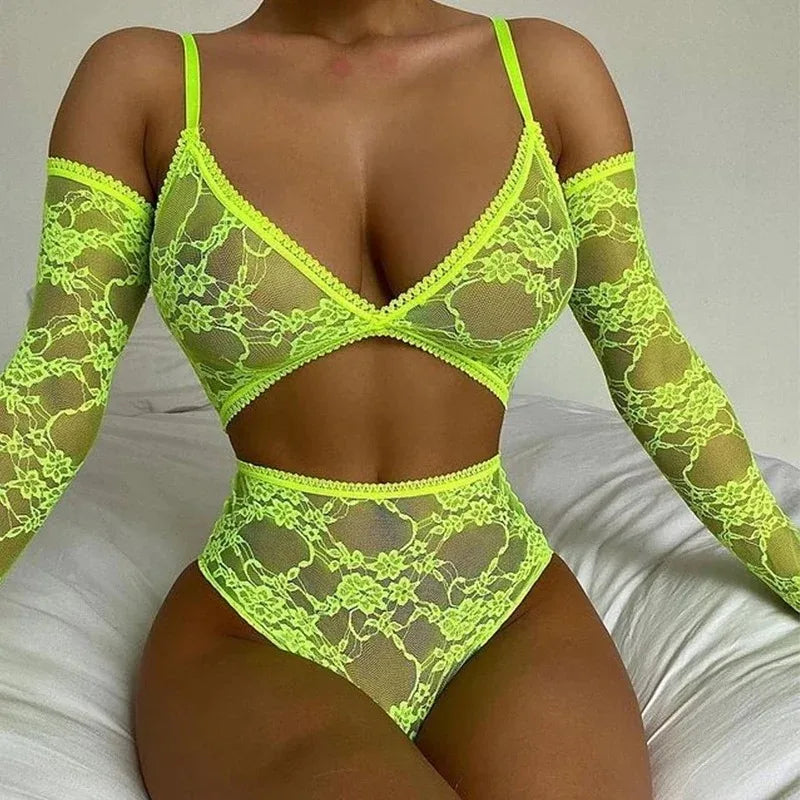 Hot Sexy Lace Bodysuit Women Sexy Lingerie See-through Pajamas Erotic Outfits Fancy Underwear Sex Set Garters Stockings