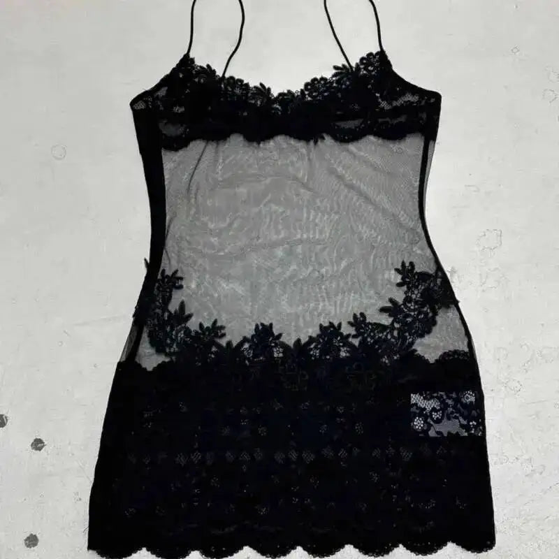 Lace Transparent Mini Dress For Women's Shestyle Embroidery Flower Mesh Transparent Flare Outfits Prom Nightwear Club Long Dress