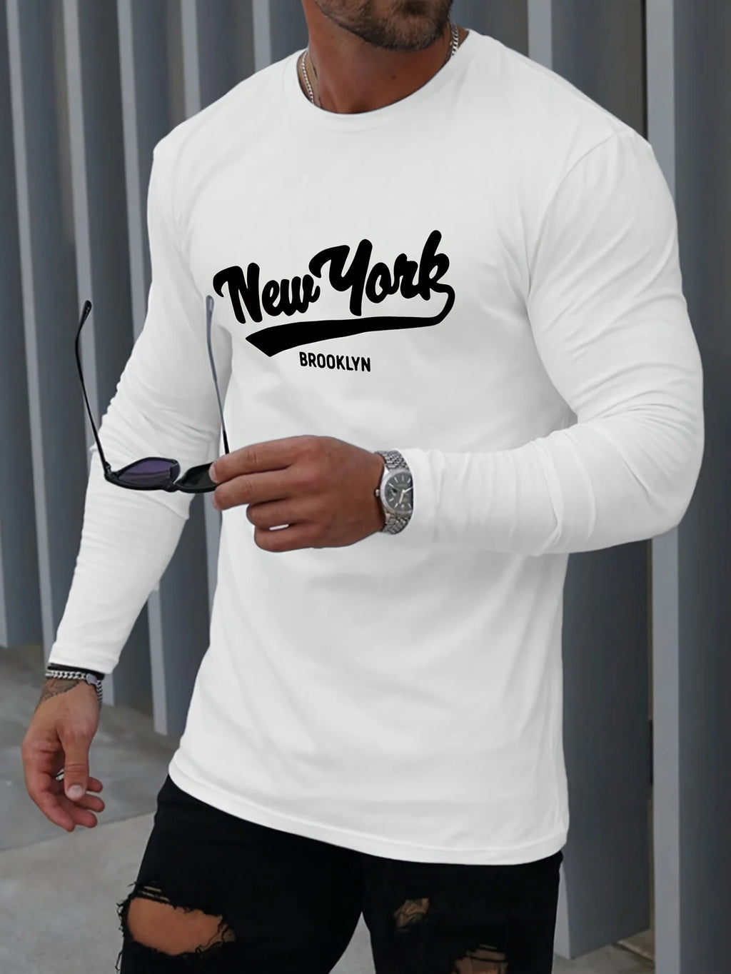 Men's 100% pure cotton summer loose comfortable casual  NEW YORK print large round neck  long sleeve T-shirt top