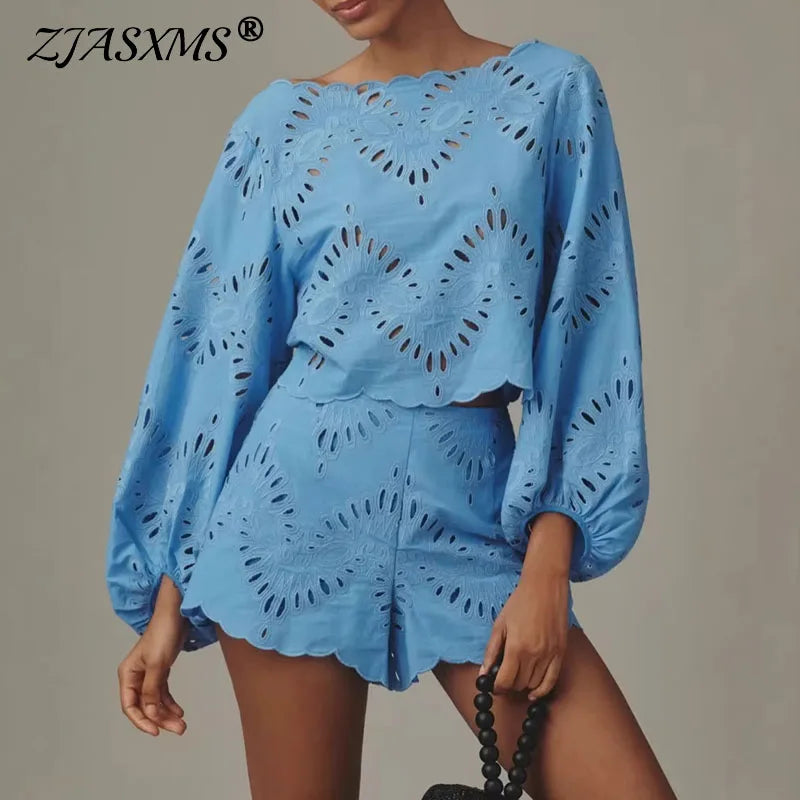 Women Solid Cropped Top 2 Piece Matching Set Round Neck Puff Sleeve Eyelet Hollow Hem Shorts Outfits Casual Summer Resort Outfit