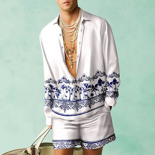 2PCS Suits Men Fashion Shirts+Shorts Two Piece Sets Hawaii Shirts Luxury European Shirt Sets Beach Vocation Outfits Streetwear