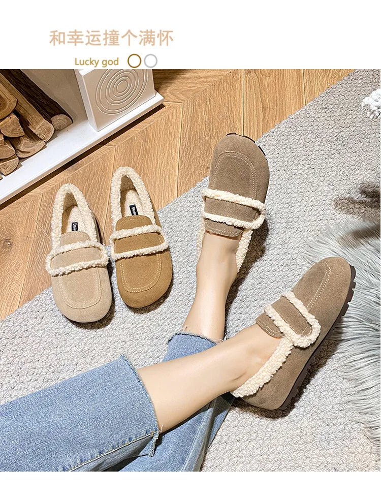 2026 Faux Suede Flats Women Lambswool Loafers Winter Warm Cotton Shoes Ladies Platform Fleeces Mocasines Female Sheep Fur Boots