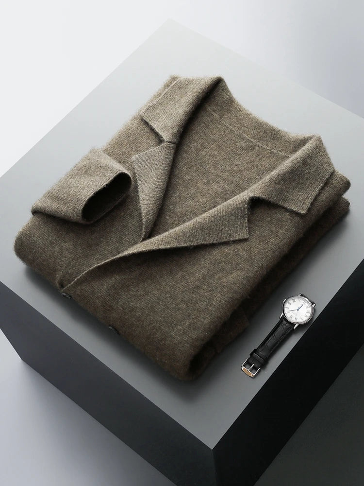 100% Merino Wool Sweater Men's Suit Collar Cardigan Smart Casual Knitwear Autumn Winter Cashmere Solid Coat Pockets Clothing Top