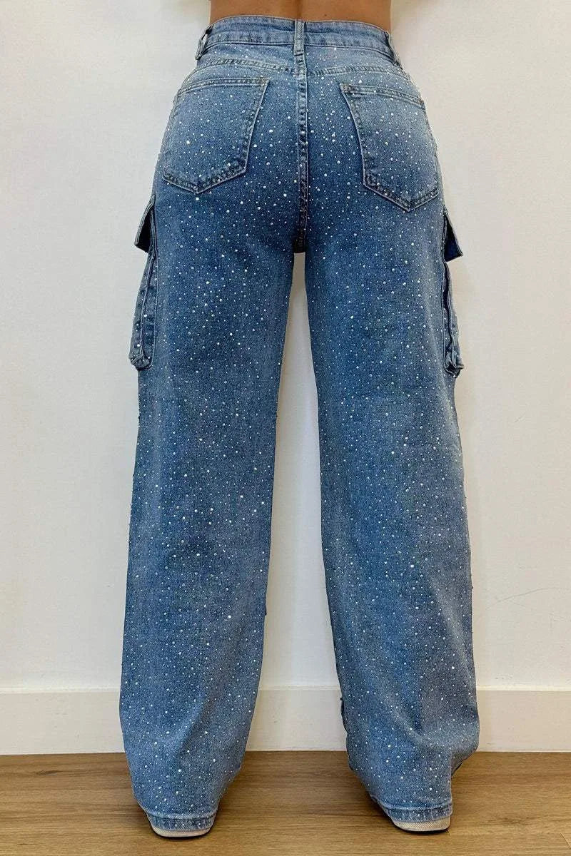 New 2026 Women's High Waist Cargo Denim Jeans with Full Rhinestones Sparkling Casual Baggy Pants Streetwear Chic Daily Trousers