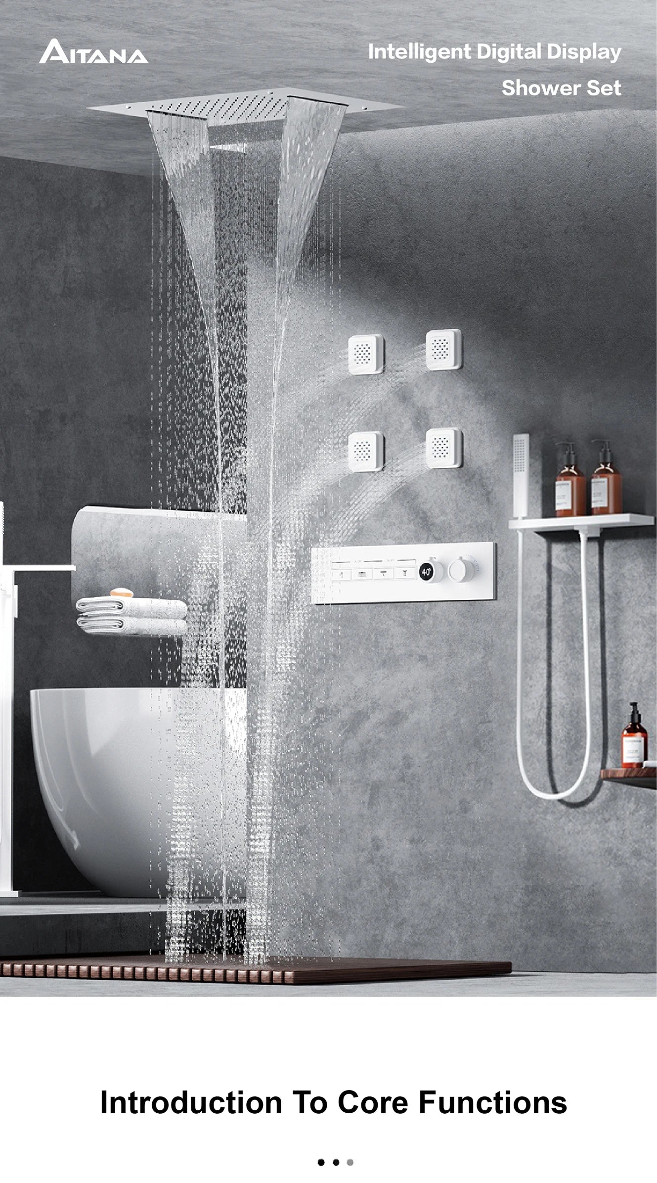 Luxury Gun Grey Brass Thermostatic Shower System Ceiling-Embedded Rainfall&Waterfall Outlet with LED Display Bathroom Mixer Tap