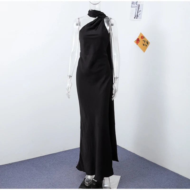 Backless Satin Long Sling Dress Women V Neck Sleeveless Slit Solid Sexy Party Dresses 2026 Summer Lady Vacation Evening Robes