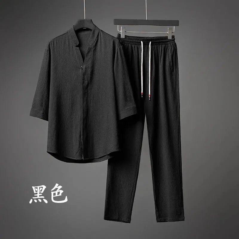2026 Men's Two Piece Pant Sets Spring Summer Short Sleeve Shirt And Pants Outfits For Men Solid Cotton Linen Clothing Sets Male