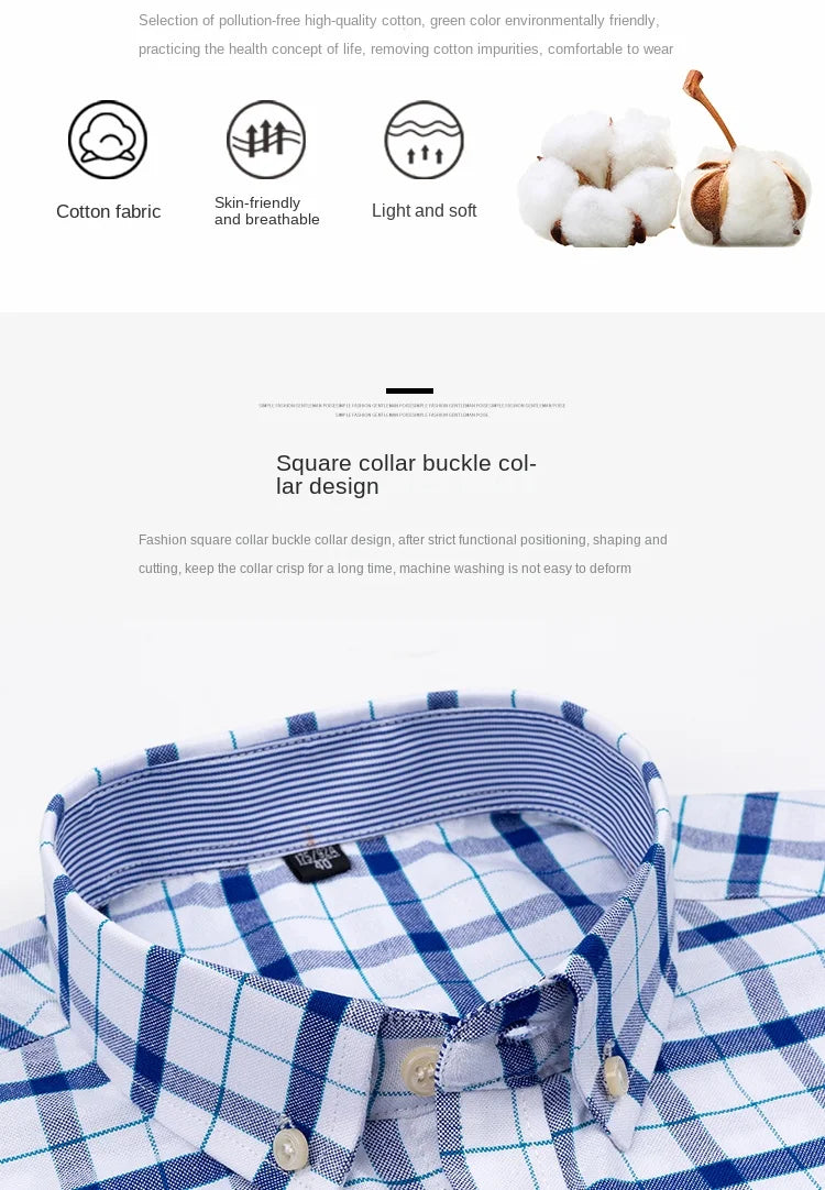 2025 100% Pure Cotton Men's Oxford Short Sleeve Square Collar Soild Plaid Striped Summer Casual Shirts Single Pocket  Shirt