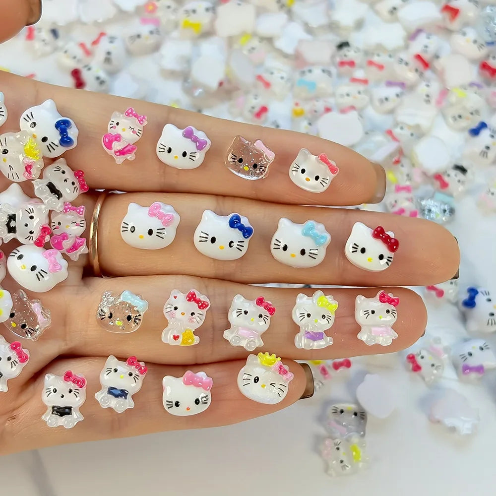 50Pcs Leopard Print Hello Kitty Nail Charms 3D Resin Cartoon Kitty Nail Parts DIY Manicure Decor Accessories