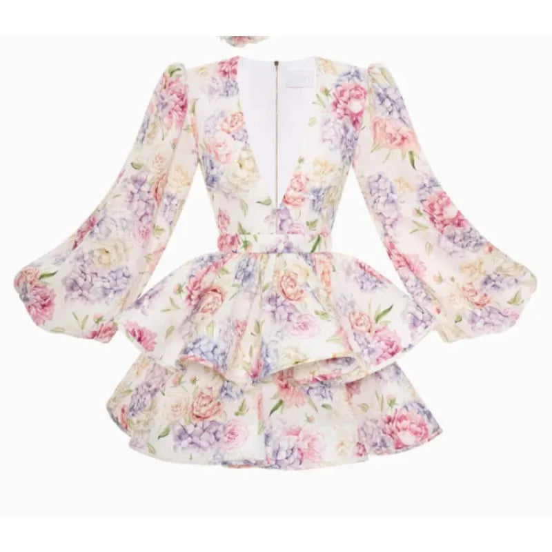 2025 Autumn New Stylish And Elegant Flower Print Women's Mini Dress Chic V-neck Puff Long Sleeve Double Layer Ruffle Mini Dress