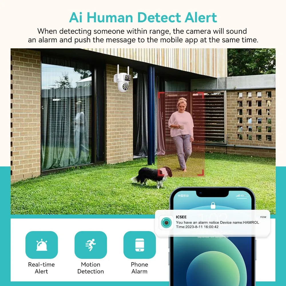 4K 8MP PTZ WiFi Surveillance Camera Dual Screen AI Human Detection Wireless Outdoor IP66 Waterproof CCTV Security P2P iCSee APP