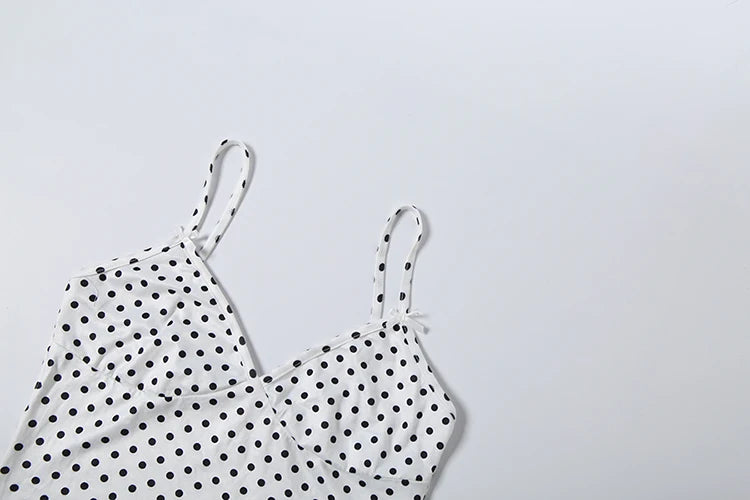 Nibber Street Bow Applique 2 Piece Set Women Fashion Polka Dot Print Low-Neck Sleeveless Camisole+Bike Short Sexy Party Suit