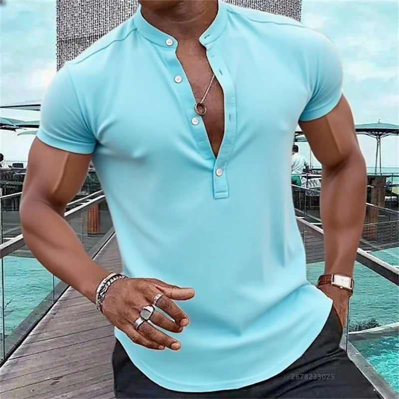 Men's Short-Sleeved Casual Shirt Hawaiian Style Shirt Solid Black Shirt Stand Collar Design Suitable for Beach Vacation XS-5XL