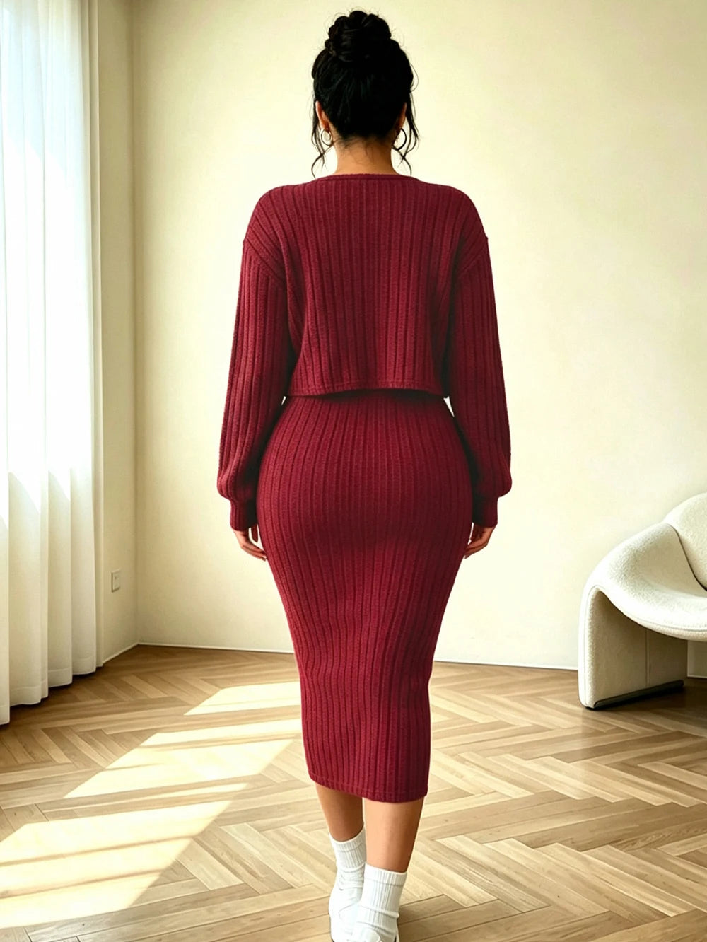 Plus-size women's new ribbed knit drop-shoulder front-button jacket and fitted midi skirt, burgundy two-piece set