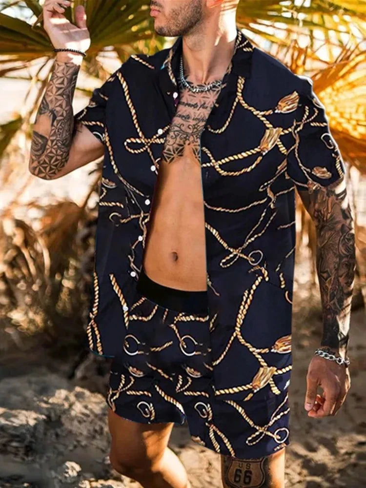 2024 Summer Men's Fashion Leopard Print Short Sleeve Shirt And Shorts Set Beach Style T Shirt Breathable Shorts Two Piece Set