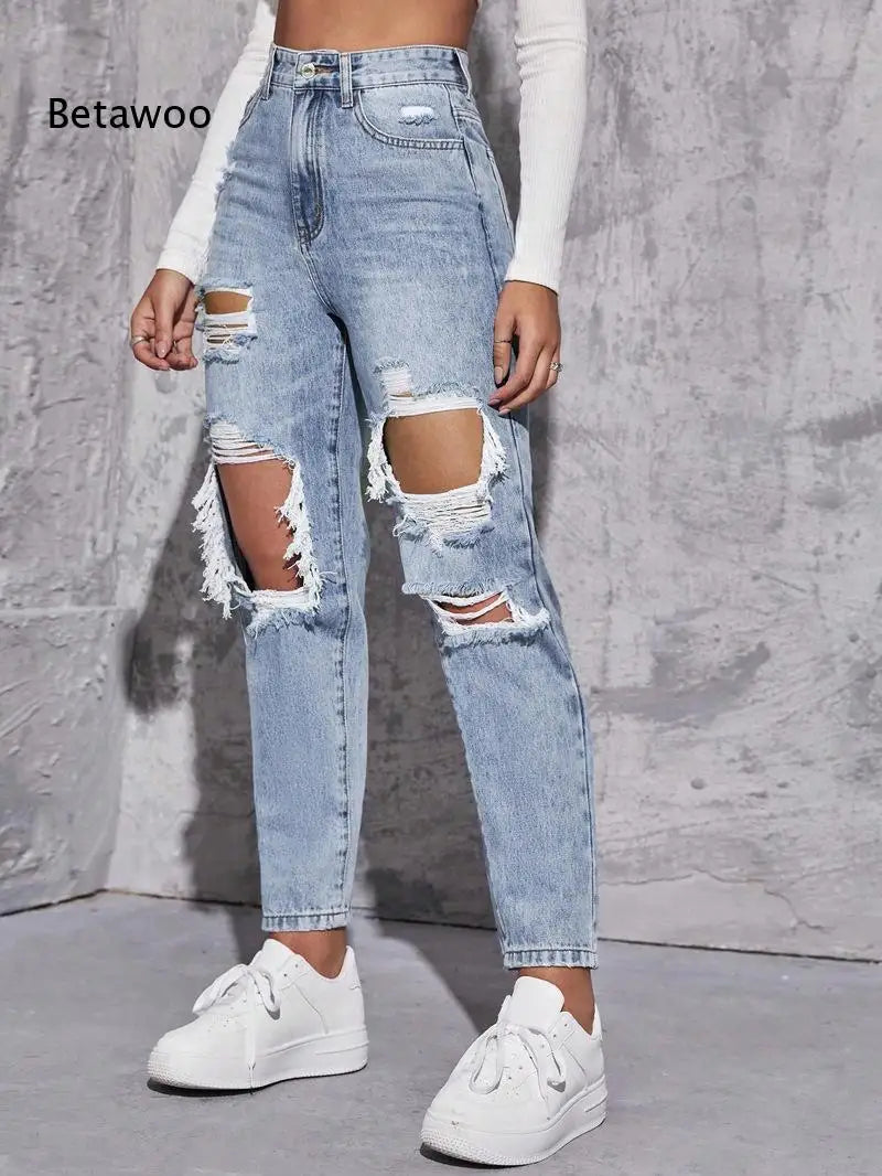 Women's High Waist Ripped Denim Jeans with Distressed Knee Holes and Straight Leg Fit for Casual Streetwear Fashion